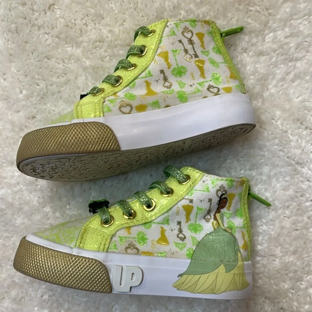 Disney Toddler High Top Princess Tiana Sneakers and Bebe Gold tone Sandal Sz 7